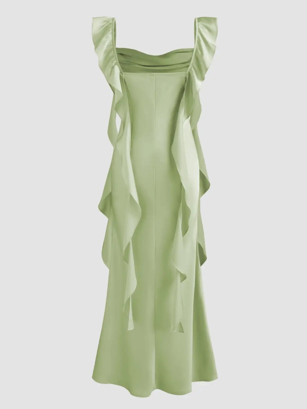 Cider Satin Cowl Neck Ruffle Hem Dress in Pale Green - Picture 2 of 3